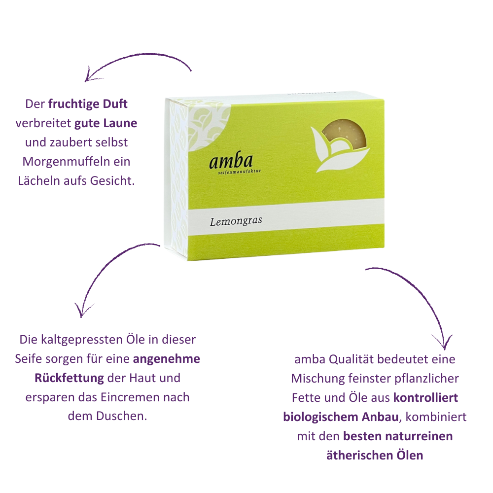 amba Lemongras Seife in Verpackung mit Produktbeschreibung