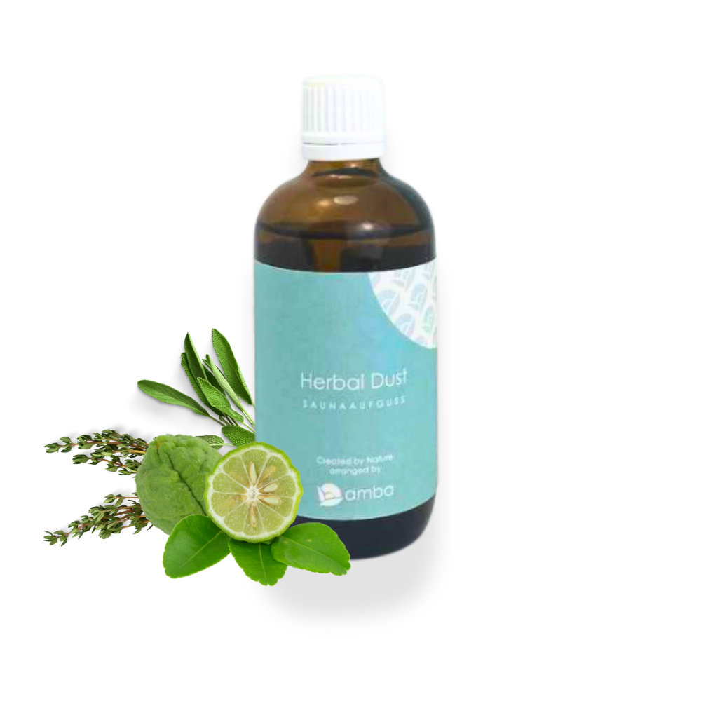 Flasche Herbal Dust Saunaufguss mit Bergamotte und Thymianzweig vor weißem Hintergrund