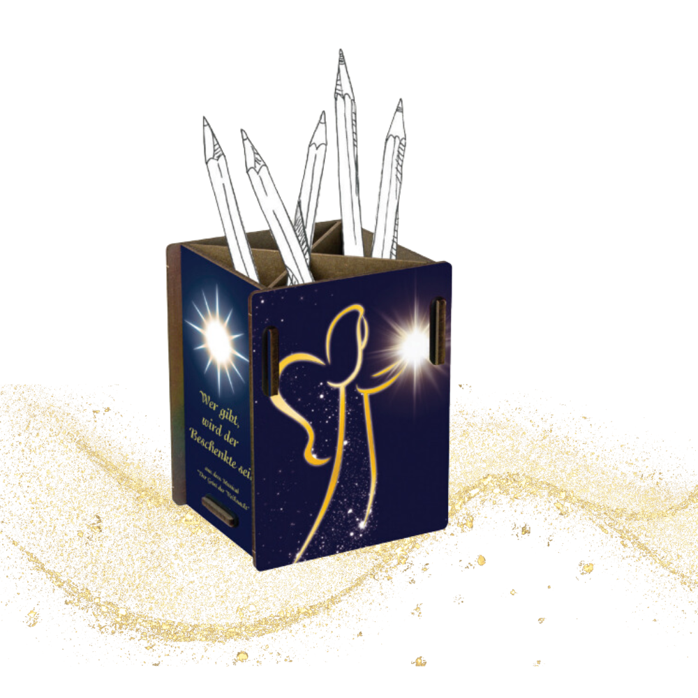 Stiftebox mit goldenem Engel und Aufschrift_Wer gibt wird der Beschenkte sein_aus dem Musical _Der Geist der Weihnacht_tifblau