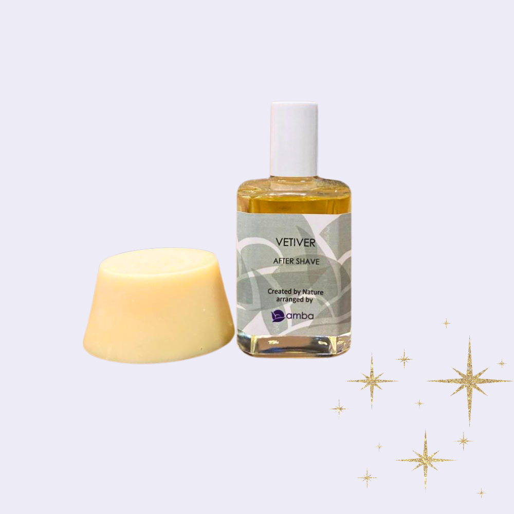 Glasflasche mit Rasierwasser Vetiver 50ml und Rasierseife Vetiver