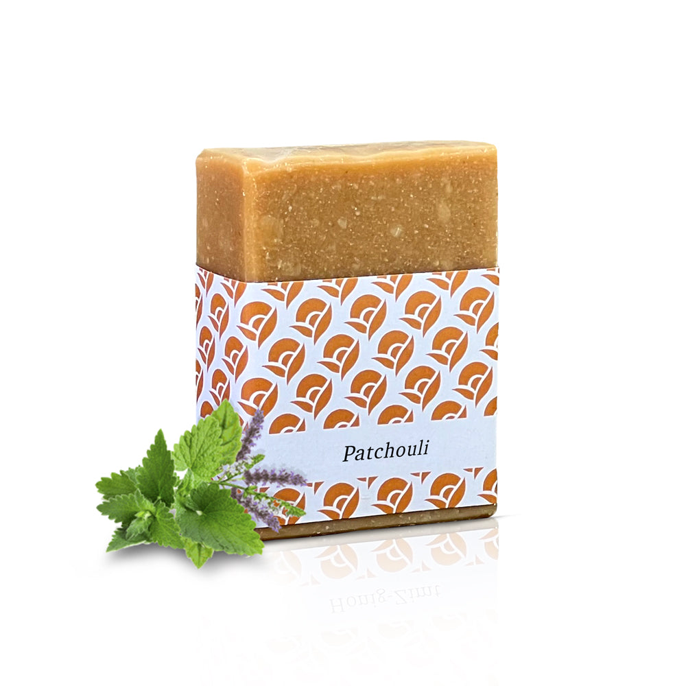 amba Seife Patchouli mit Banderole und Patochulipflanze