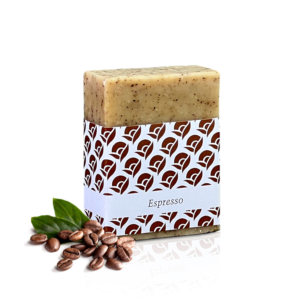 Espressoseife mit Banderole und Kaffeebohnen