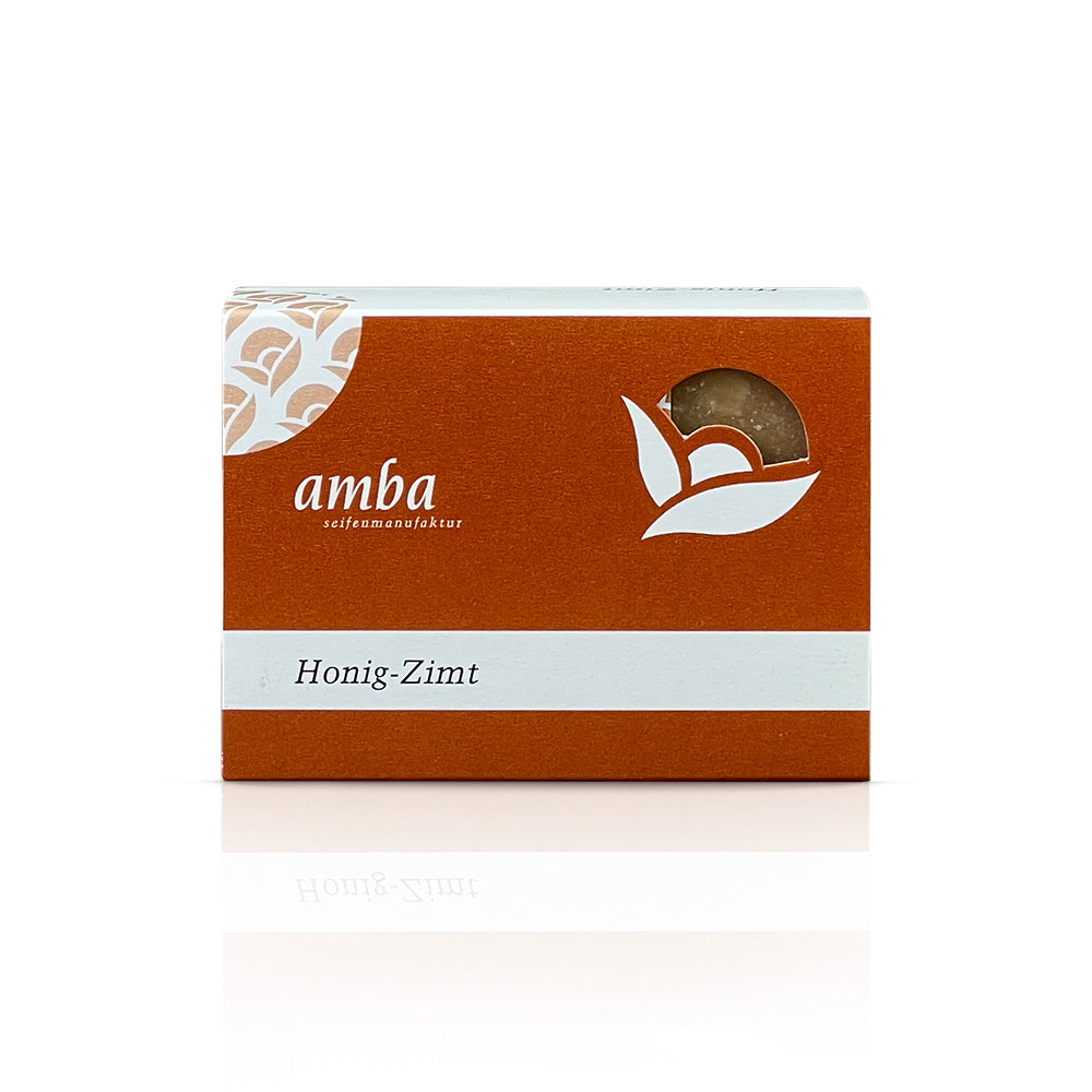 amba Honig-Zimt Pflanzenölseife in der Schachtel von vorne