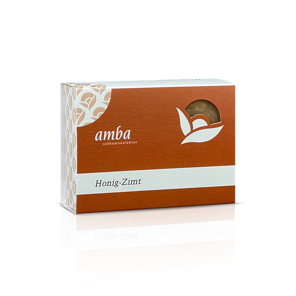 amba Honig-Zimt Pflanzenölseife in der Schachtel von der Seite