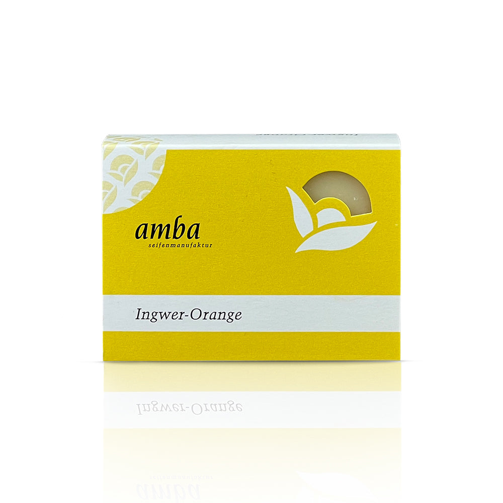 amba Ingwer-Orange Pflanzenölseife in Schachtel von vorne