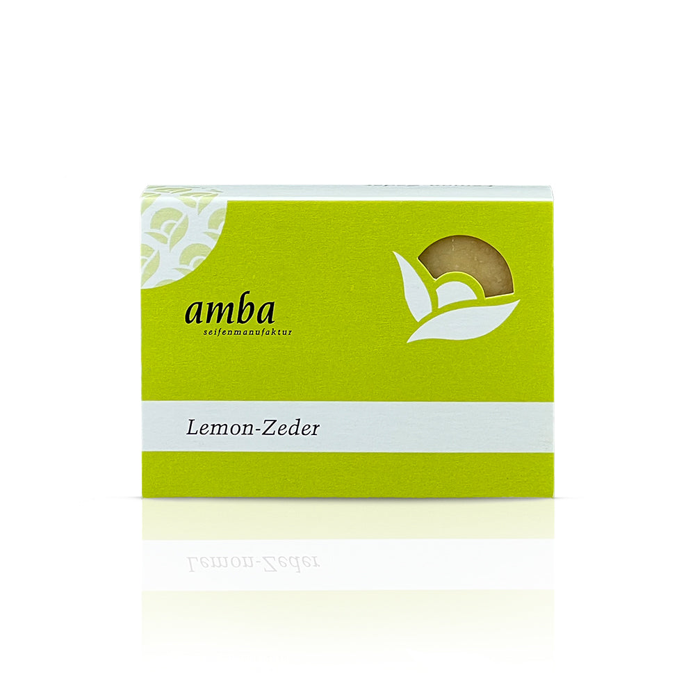 amba Lemon-Zeder Pflanzenölseife in Schachtel von vorne