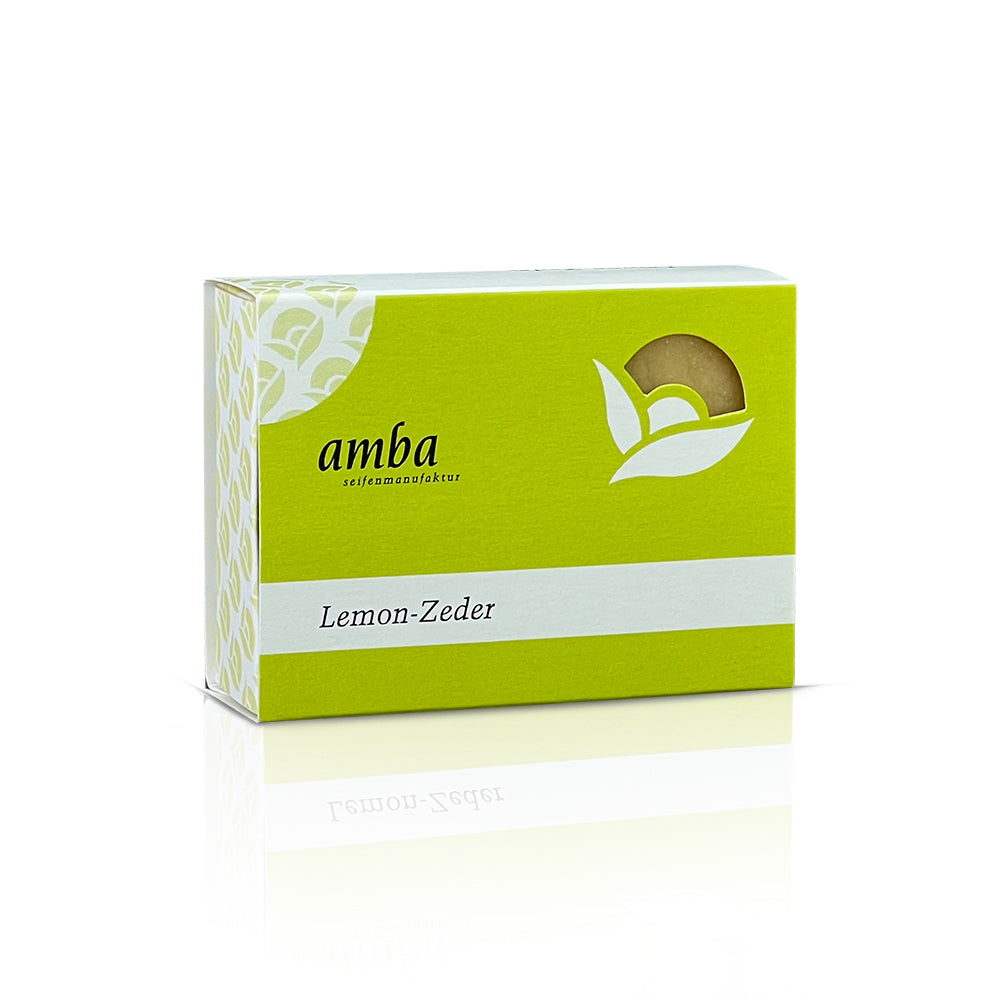 amba Lemon-Zeder Pflanzenölseife in Schachtel von der Seite