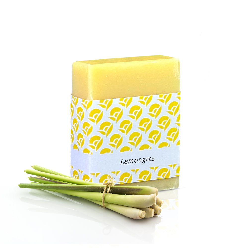 amba Lemongras Pflanzenölseife mit Banderole und Zitronengras