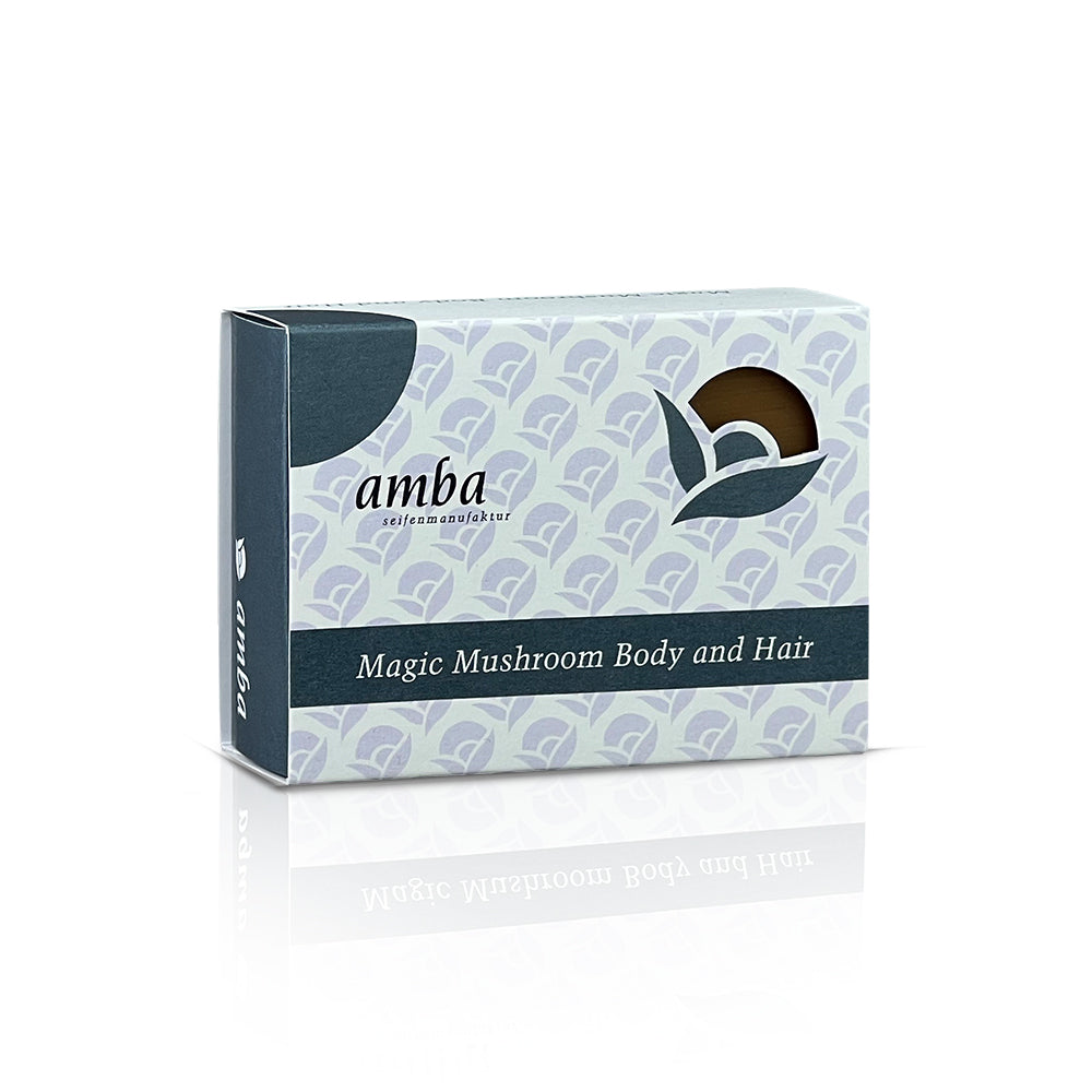 amba Magic Mushroom Seife in Schachtel von der Seite