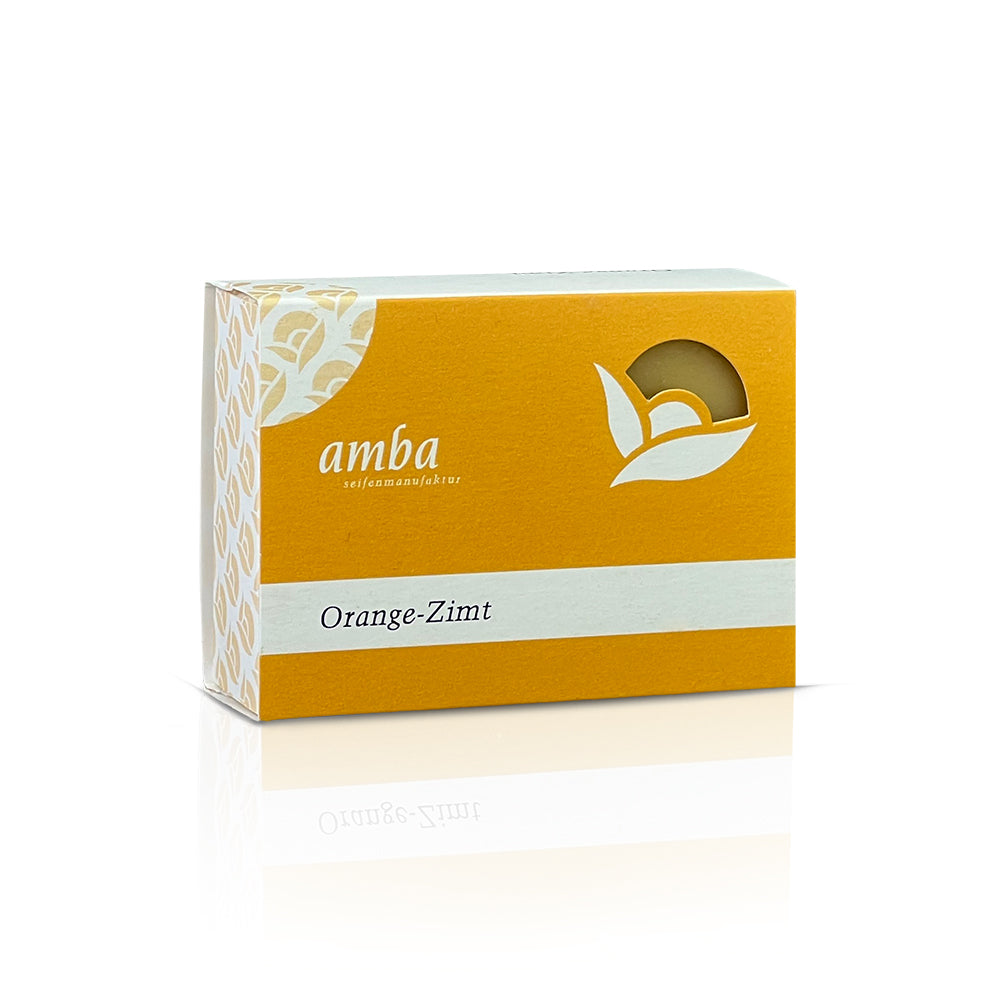 amba Orange-Zimt Seife in Schachtel von der Seite