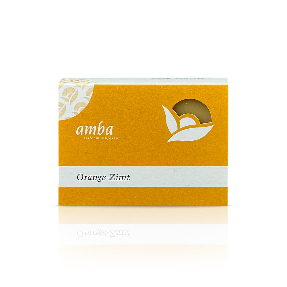 amba Orange-Zimt Seife in Schachtel von vorne