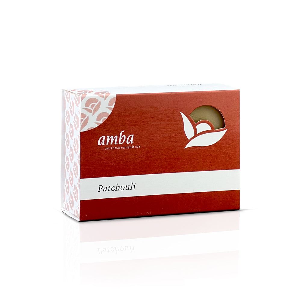 amba Patchouli Seife in der Schachtel von der Seite
