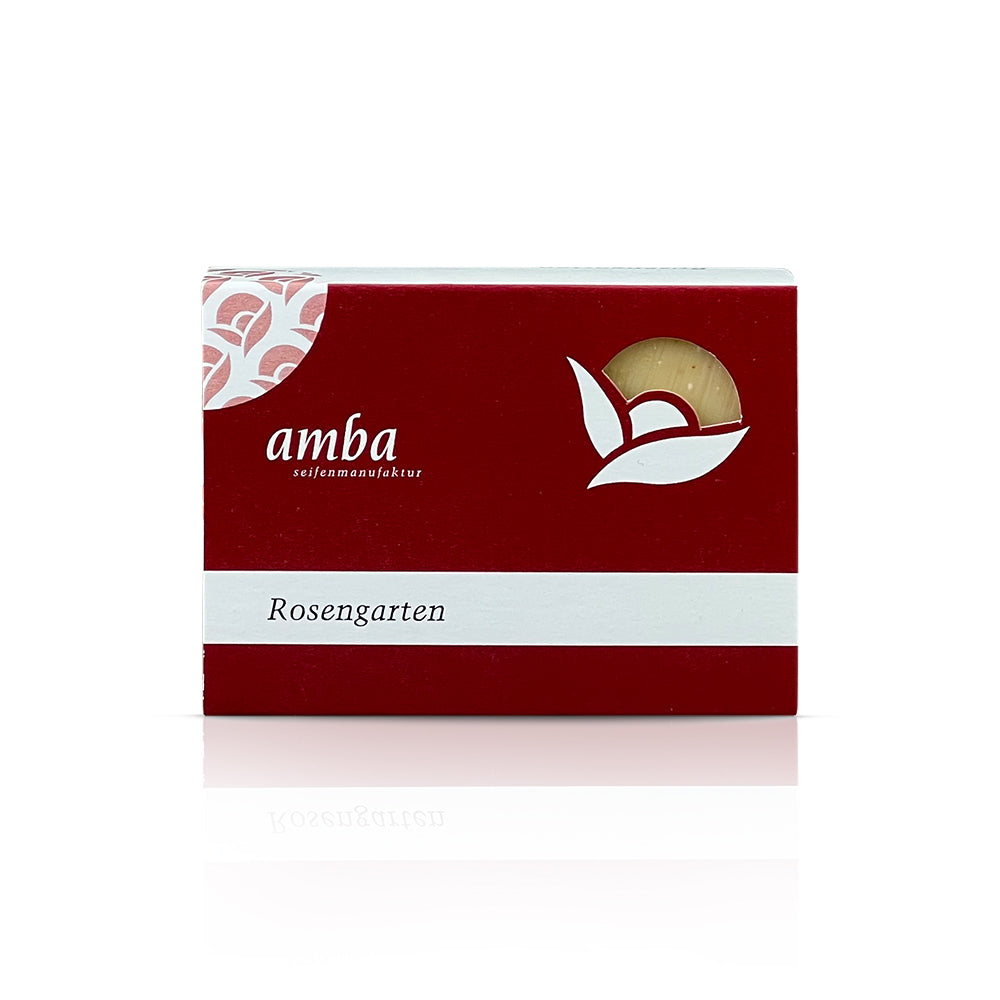 amba Rosengarten Seife in der Schachtel von vorne