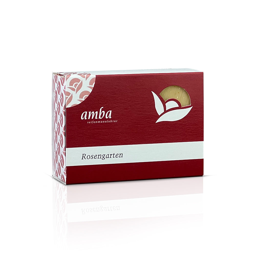 amba Rosengarten Seife in der Schachtel von der Seite
