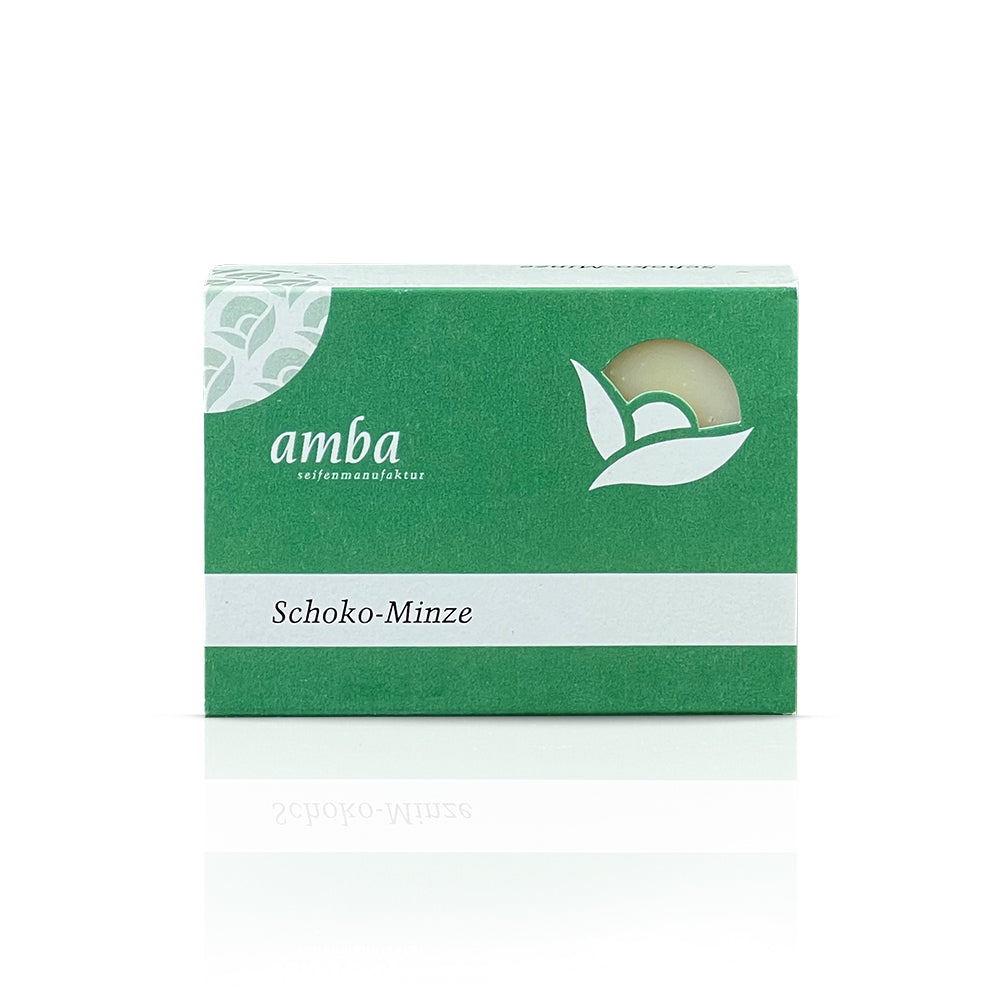 amba Schoko-Minze Seife in der Schachtel von vorne
