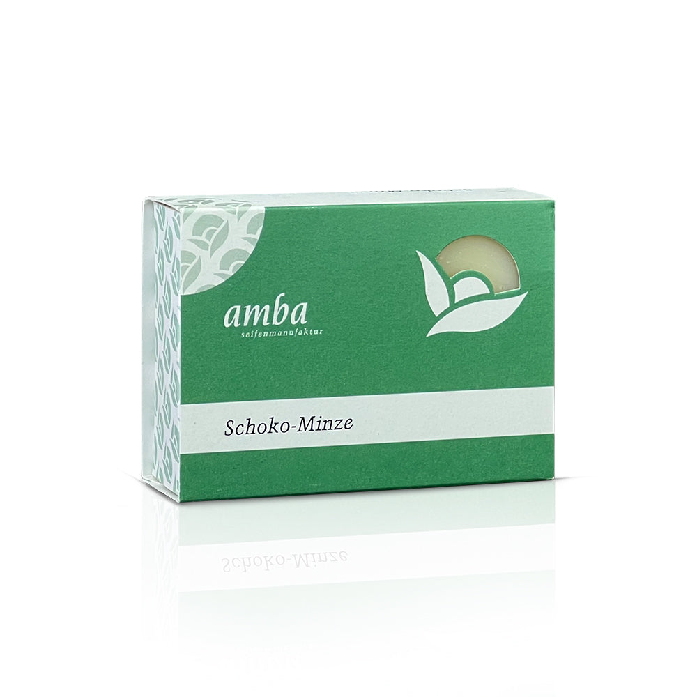 amba Schoko-Minze Seife in der Schachtel von der Seite