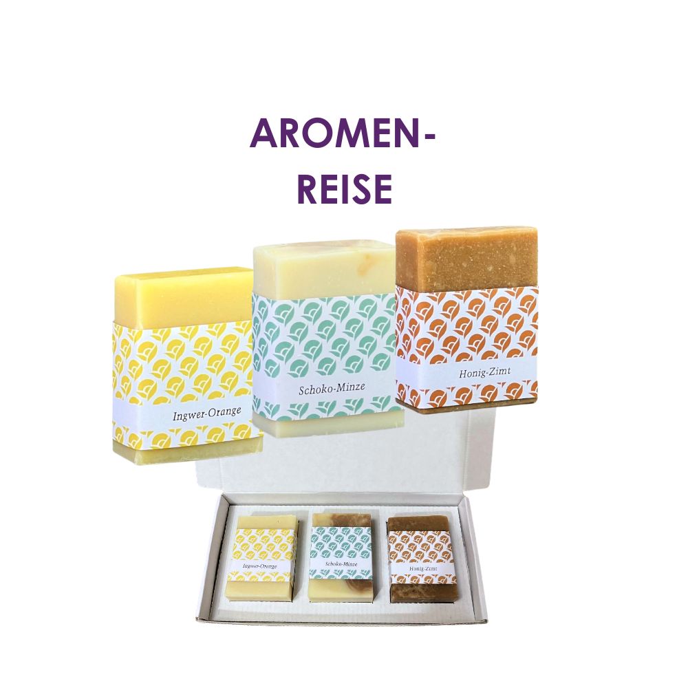 Aromenreise 3er Seifenset: 3 Seifenstücke  mit und ohne Verpackung