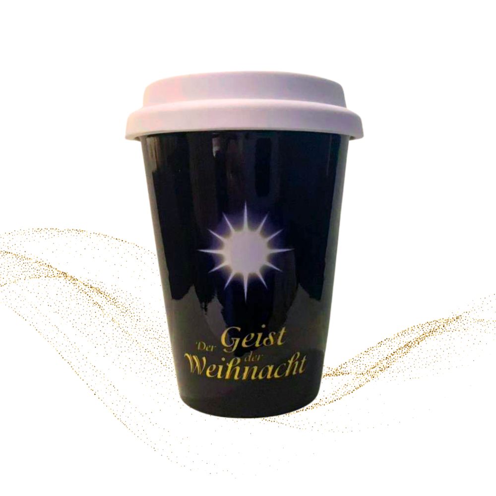 To Go Becher mit weißem Deckel und Schriftzug Der Geist der Weihnacht
