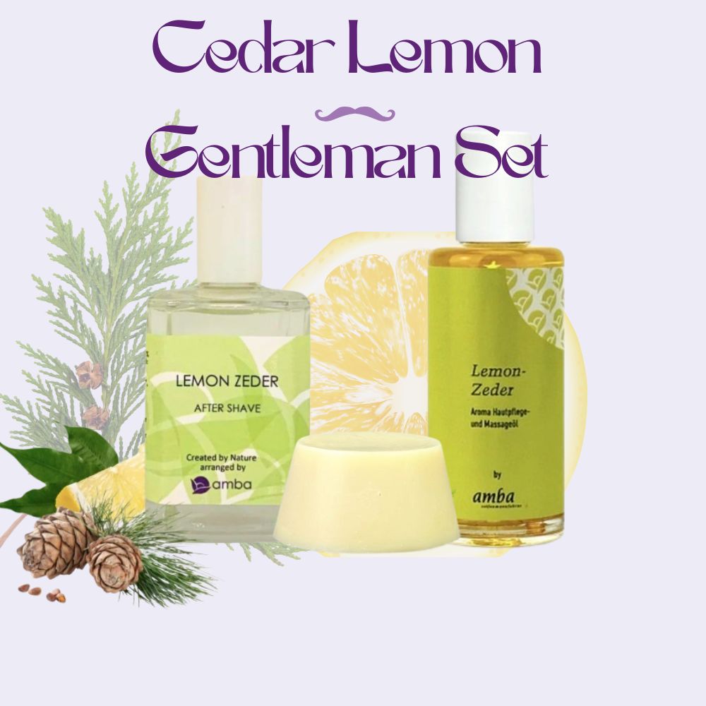 Lemon Zeder After Shave Flasche, Rasierseife und Hautpflegeöl. Im Hintergrund Zitronenscheiben und Zedern