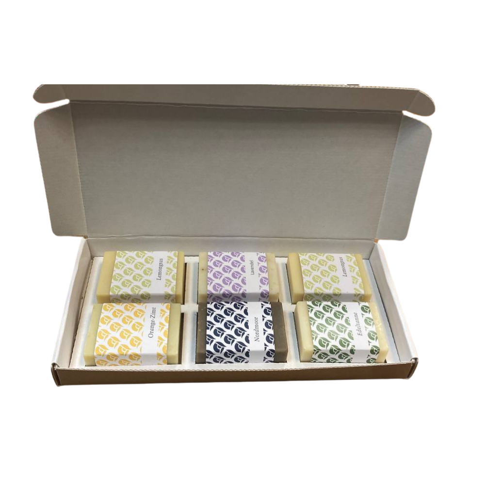 Seifenset mit 6 Seifen a 50g_2x Lemongras_Nordmoor_Lavendel_Edeltanne_Orange Zimt