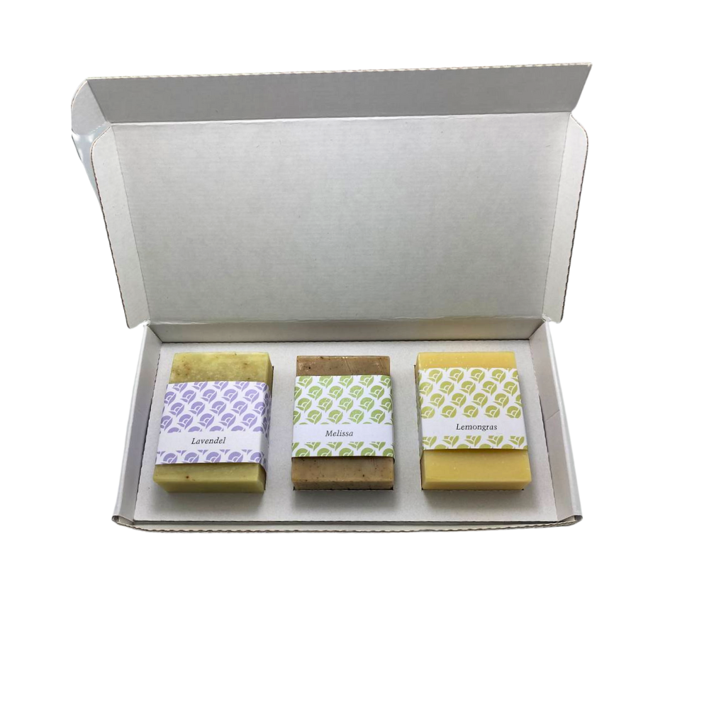 Seifenset mit 3 Seifen a ca. 100g_Lavendel_Melissa_Lemongras in der 3er Schachtel