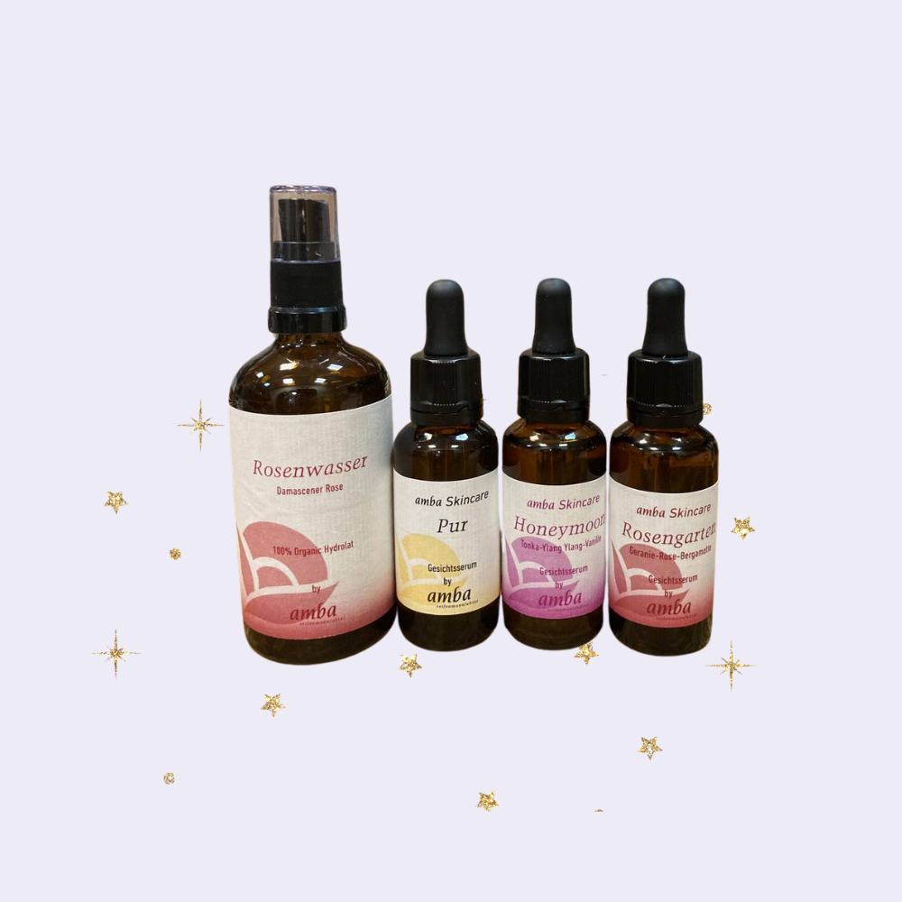 vier Glasflaschen 3 mit Pipette_ Gesichtsöle a 30ml_Pur_Rosengarten_Honeymoon_und 1 mal Hydrolat 100ml_Rose