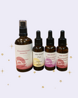 vier Glasflaschen 3 mit Pipette_ Gesichtsöle a 30ml_Pur_Rosengarten_Honeymoon_und 1 mal Hydrolat 100ml_Rose