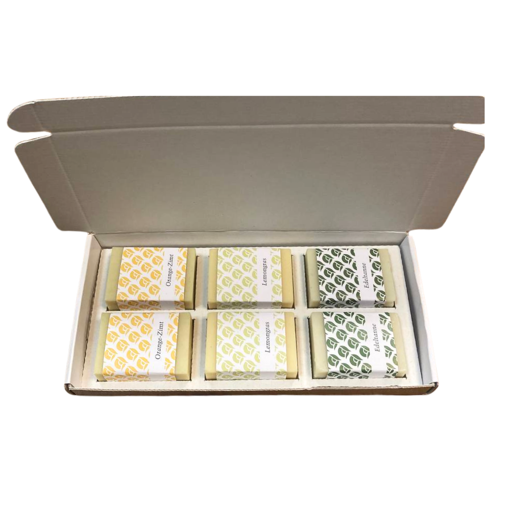 Geschenkset mit 3 mal 2 Seifen a 50g_Edeltanne_Lemongras_Orange Zimt in der Schachtel