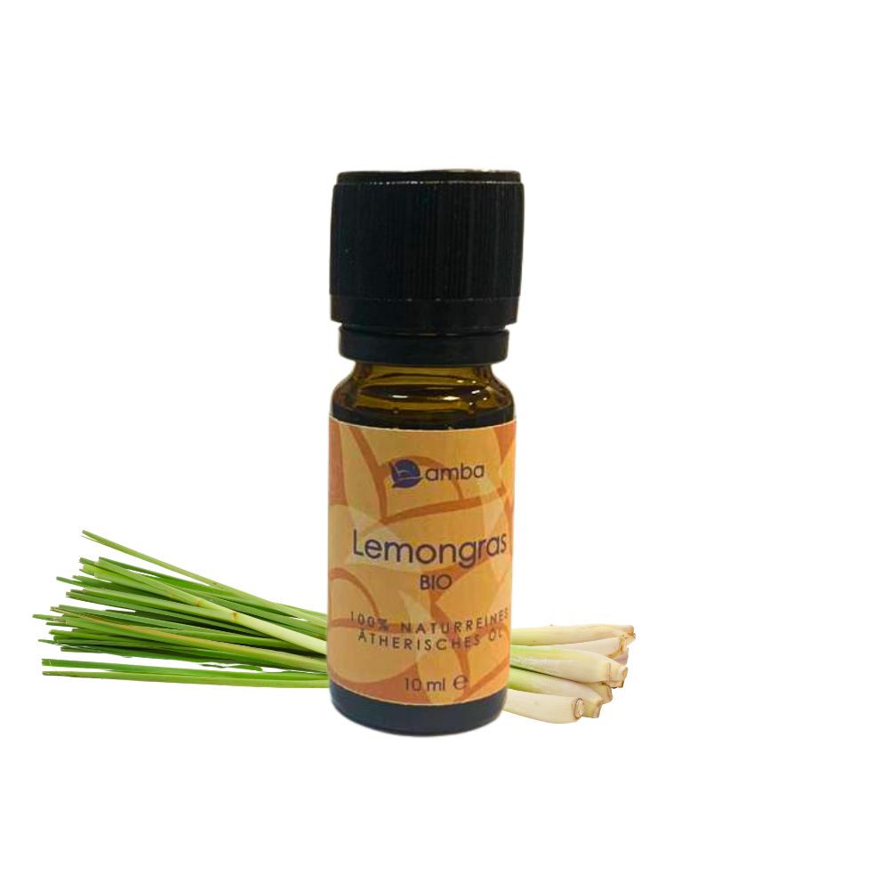 Ätherische Ölflasche  amba Lemongras Bio. Lemogras im Hintergrund